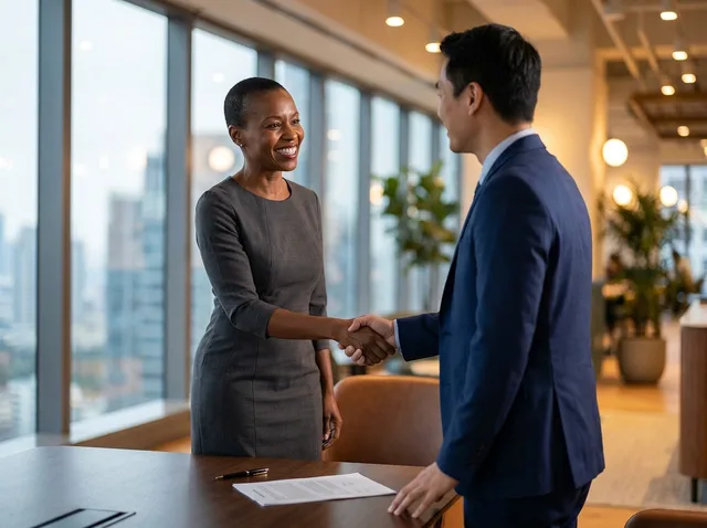 business, handshake, partnership, contract, collaboration, professionals, diverse, office, modern, success, meeting, deal, teamwork, leadership, cityscape, joyful, woman, man, formal. When to define the creator contracts target audience for research