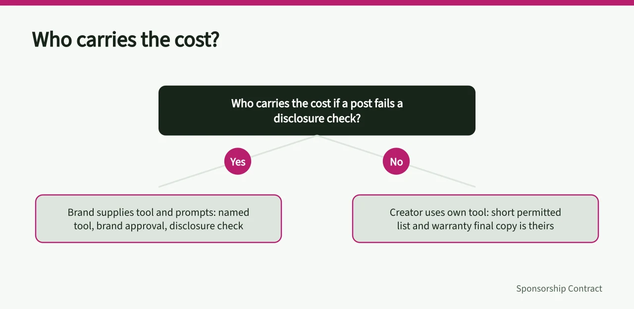 Decision flow asking who carries the cost if a post fails disclosure (What AI applications in creator contracts mean for sponsorship deals)
